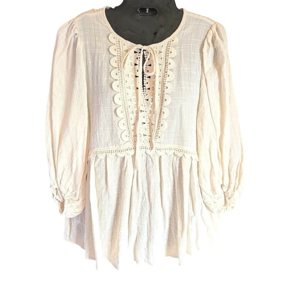 Max Studio Top Womens M Boho Cottagecore Crochet Lace Tie Puff Sleeve Peasant